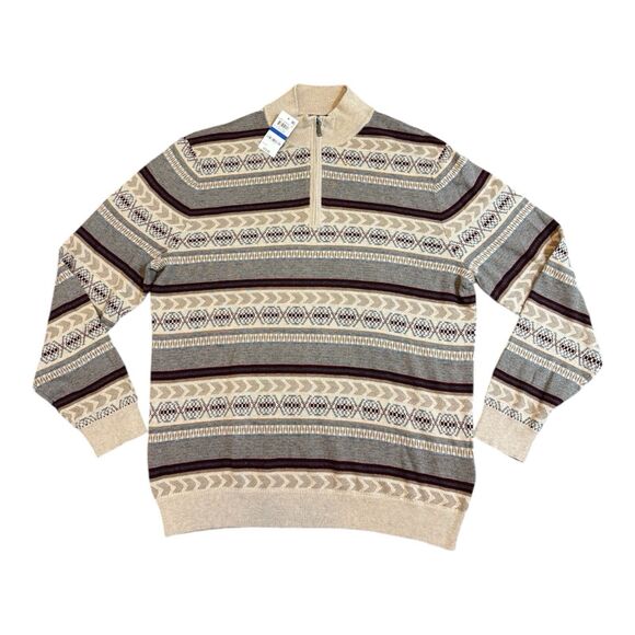 NWT Tasso Elba Men’s XL Cashmere Silk Blend Sweater Tan Striped Pullover Soft - Picture 1 of 5